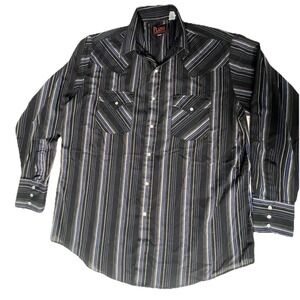 Plains Western Wear Shirt Mens‎ Large Pearl Snap Striped Rodeo Cowboy 80s 90s